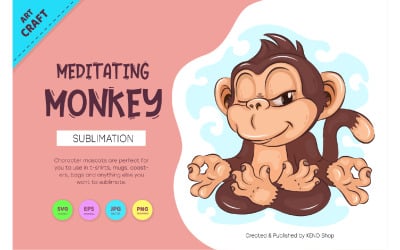 Meditáló rajzfilm majom. Kézműves, szublimáció. Póló