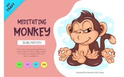 Mono de dibujos animados meditando. Elaboración, Sublimación. Camiseta de manga corta
