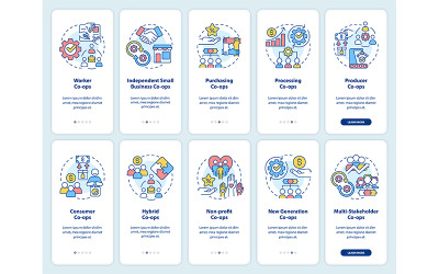 Typy obchodních družstev Onboarding Mobile App Screen Set