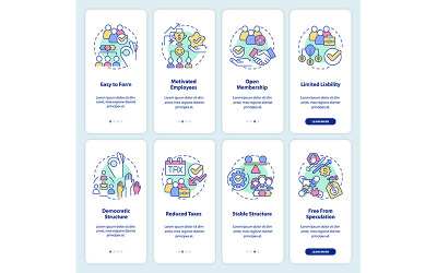 Vorteile von Unternehmensgenossenschaften Onboarding Mobile App Screen Set