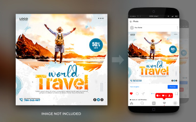 Modelo de design de banner de postagem de mídia social de viagens e passeios mundiais de aventura de férias de mídia social