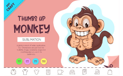 竖起大拇指的猴子卡通。制作，升华。