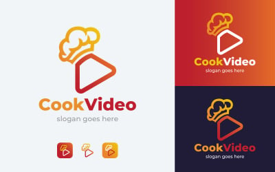 Modello di logo video di cucina con cappello da cuoco e simbolo di riproduzione