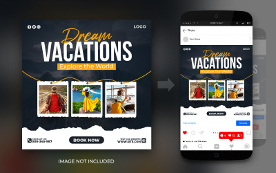 Álomnyaralás vagy utazás és túrák Közösségi média Instagram és Facebook szórólap tervezősablon