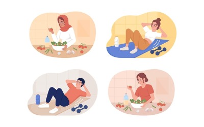 Dieta saudável e conjunto de ilustração de rotina de exercícios