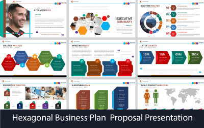 Modelo de PowerPoint de apresentação de proposta de plano de negócios hexagonal