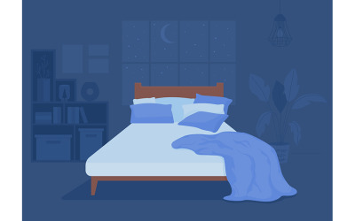 Tmavá ložnice s rozestlanou postelí ilustrace