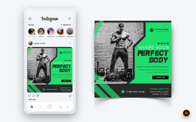Тренажерный зал и фитнес-студия Социальные сети Instagram Post Design Template-19
