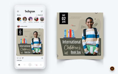Международный день детской книги Дизайн поста в социальных сетях Instagram Template-11