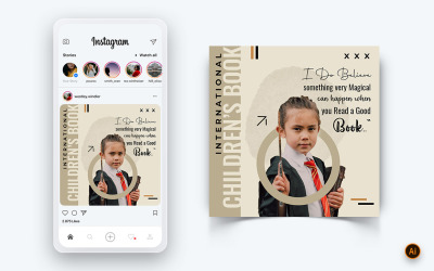 Международный день детской книги Дизайн поста в социальных сетях Instagram Template-16