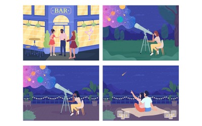 Nachtscènes met illustraties van mensen