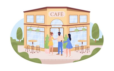 Przyjaciele w pobliżu budynku kawiarni na ilustracji ulicy