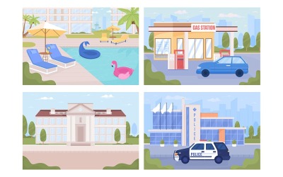 Vue sur la ville moderne et ensemble d&amp;#39;illustrations au bord de la piscine
