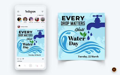 Шаблон оформления поста в социальных сетях Instagram к Всемирному дню водных ресурсов Template-07