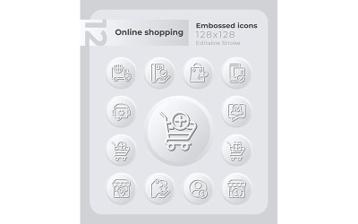 Conjunto de ícones em relevo de comércio eletrônico