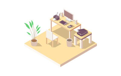 Isometric office desk  in vector on white background