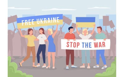 War in Ukraine protest flat color vector illustration