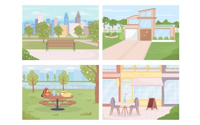 Conjunto de ilustración de vector de áreas públicas en la ciudad para la relajación