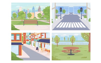 Městské oblasti ploché barevné vektorové ilustrace sada