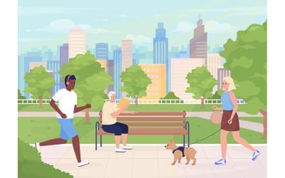 Metropolitan park with visitors color vector illustration