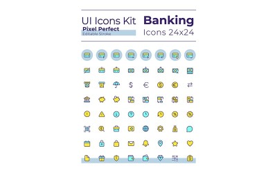 Bank- en financiële pixel perfecte RGB-kleuren ui-pictogrammen set
