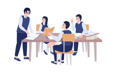 Studenti di scuole private che lavorano su caratteri vettoriali a colori di progetti di gruppo