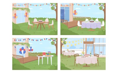 Na dvorku party uspořádání barevné vektorové ilustrace sada