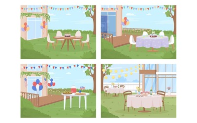 Set di illustrazioni vettoriali a colori per la disposizione delle feste in cortile