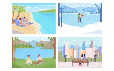 Set di illustrazioni vettoriali a colori per luoghi di vacanza stagionale