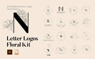 Kit de logotipos hechos a mano florales con letras N