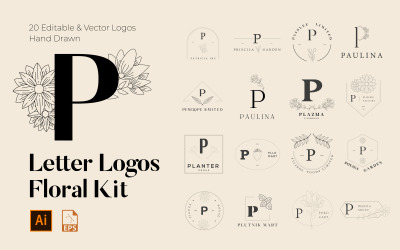 Kit de logotipos hechos a mano florales con letras P