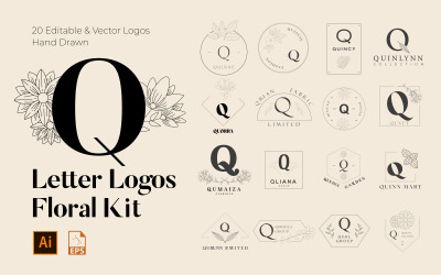 Kit de logotipos hechos a mano florales con letras Q