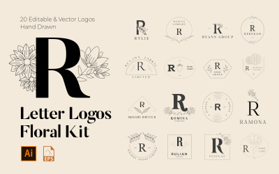 Kit de logotipos hechos a mano florales con letras R