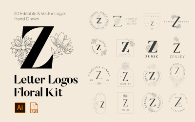 Kit de logotipos hechos a mano florales con letras Z