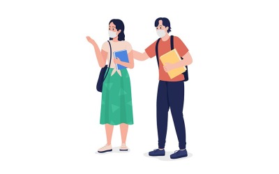 Para uczniów w maskach koloruje wektor znaków