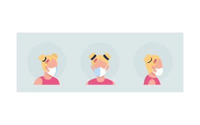 Blonde vrouwelijke semi-egale kleur vector karakter avatar met masker set