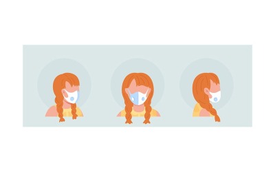 Female with white respirator semi flat color vector character avatar with mask set