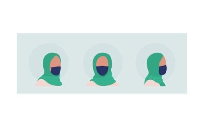 Hijab-Frau halbflacher Farbvektor-Charakter-Avatar mit Maskensatz