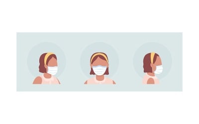 Latino flicka semi platt färg vektor karaktär avatar med mask set