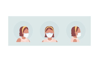 Latino girl semi flat color vector character avatar with mask set