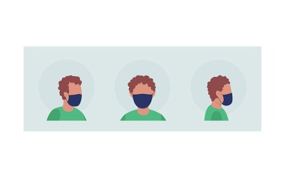 Latino pojke semi platt färg vektor karaktär avatar med mask set