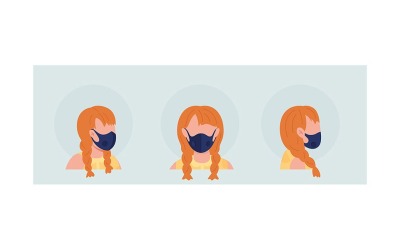 Rödhårig flicka semi platt färg vektor karaktär avatar med mask set