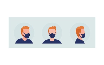 Rödhårig semi platt färg vektor karaktär avatar med mask set