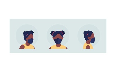 Svart kvinnlig semi platt färg vektor karaktär avatar med mask set