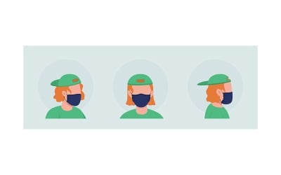 Teenager mit schwarzer Maske, halbflacher Farbvektor-Charakter-Avatar-Satz