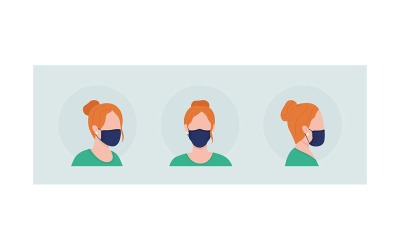 Tragen Sie eine Maske mit gerafften Seiten, halbflachem Farbvektor-Charakter-Avatar-Set