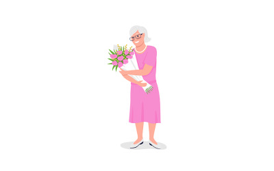 Gelukkig senior blanke vrouw met bloemen egale kleur vector gedetailleerd karakter