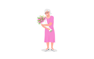 Glad senior kaukasisk kvinna med blommor platt färg vektor detaljerad karaktär