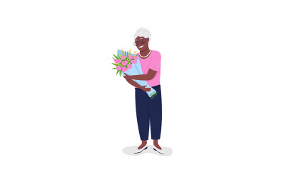 Heureuse femme afro-américaine mature avec caractère détaillé de vecteur de couleur plat de fleurs