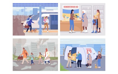 Ukrainian refugees in search of assistance flat color vector illustration set